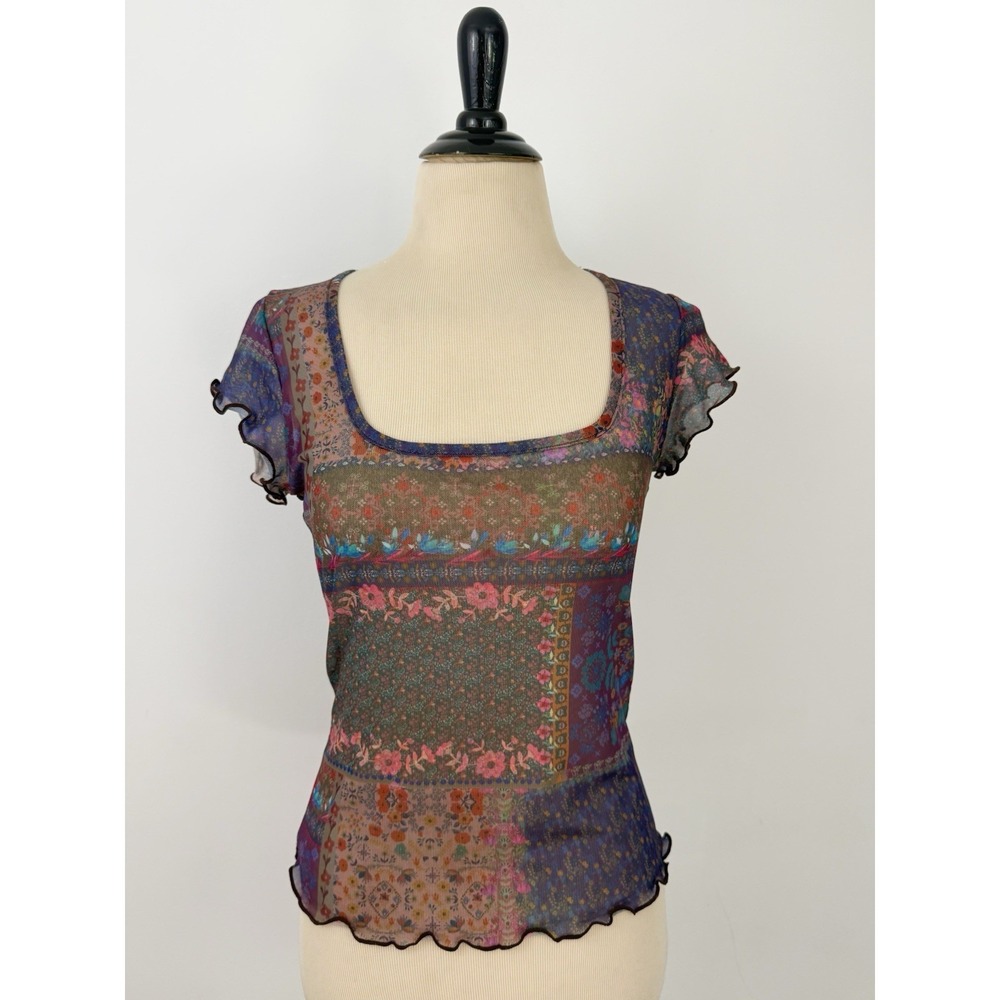 NATURAL LIFE Floral Mesh Knit TOP Small Lettuce Edge Sheer Boho Hippie Festival